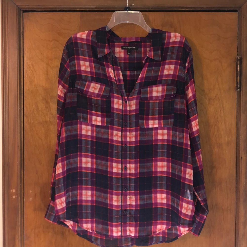 Pink, Navy, & Purple Plaid Blouse